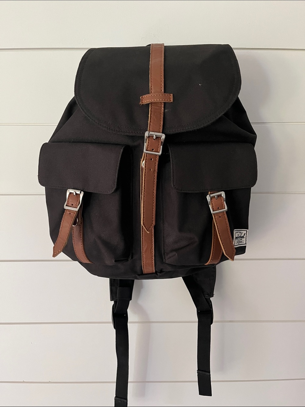 Herschel Supply Company Black Mini Backpack with Brown Leather Straps